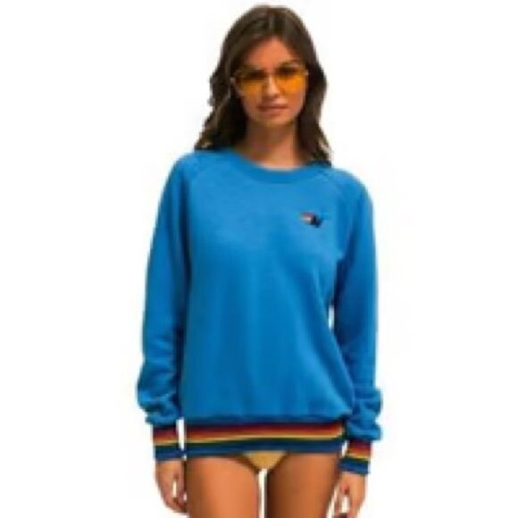 Aviator Nation 5 Stripe Rainbow Crew Neck Sweatshirt Ocean Blue XL Made In USA - Picture 1 of 8